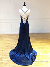 Backless Dark Navy Blue Long Semi Formal Prom Dresses, Dark Navy Blue Formal Graduation Evening Dresses
